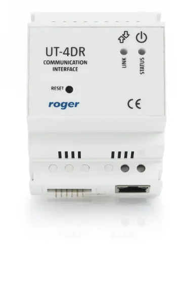 Modul komunikimi IP Ethernet Roger UT-4DR, për sistemin RACS, montim në shina DIN, i bardhë