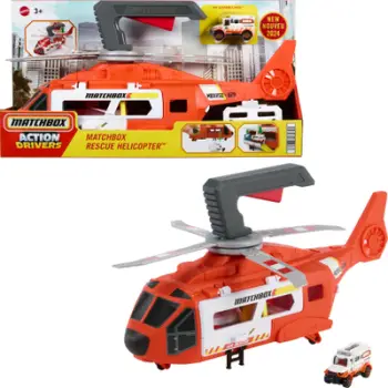 Helikopter lodër Matchbox Action Drivers Rescue Helicopter, 16", me ambulancë metalike 1:64, shumëngjyrësh