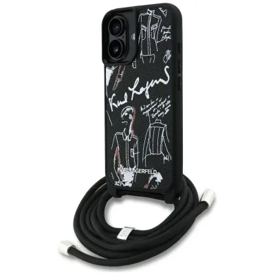 Mbulesë telefoni Karl Lagerfeld Crossbody MagSafe, për iPhone 16, me rrip, e zezë - 1