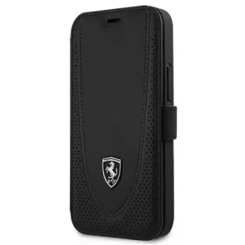 Këllëf telefoni Ferrari Off Track për iPhone 12 Mini, lëkurë natyrale, tip book, i zi