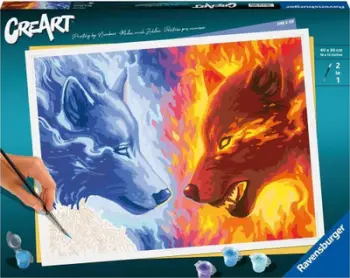 Set pikturimi me numra Ravensburger CreArt Adults Premium Fire and Ice, për të rritur, motiv ujqër
