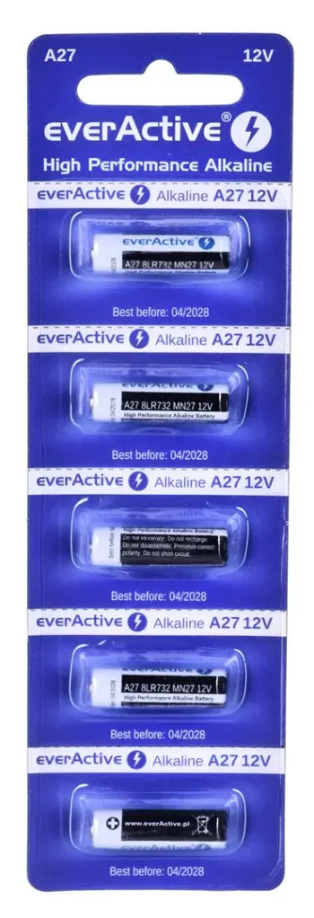 Bateri alkaline EverActive A27, 12V, paketim 5 copë, argjendtë