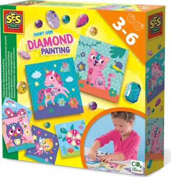 Set kreativ SES Creative 14027 Giant Gems Diamond Painting, 6 karta, gurë ngjitës, shumëngjyrësh