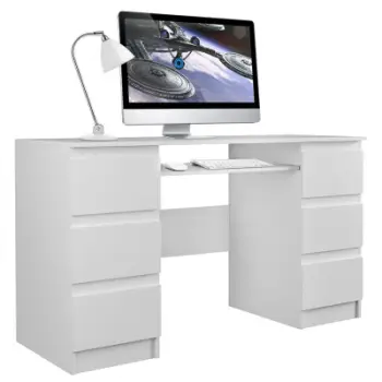 Tavolinë pune Abba Desk, 7 sirtarë, raft tastiere, e bardhë