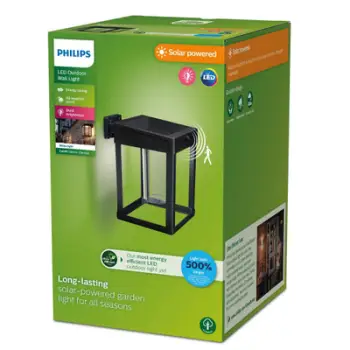 Llampë muri diellore Philips CAMILLSQUARE CLEAR, LED 1.4W 250 lm, sensor lëvizjeje, IP44, e zezë