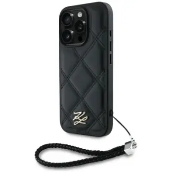 Mbulesë telefoni Karl Lagerfeld Quilted Initial Logo, iPhone 16 Pro 6.3", me rrip zinxhiri, e zezë