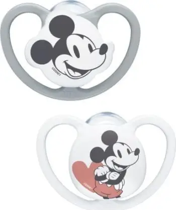 Biberon qetësues NUK Space Mickey Mouse, silikon, 6-18 muaj, set 2 copë, gri e bardhë