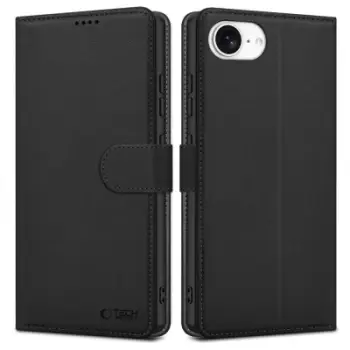 Këllëf portofol Tech-Protect Wallet për iPhone 16e, lëkurë eko, funksion stand, i zi