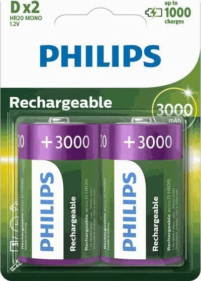 Bateri të rimbushshme Philips R20B2A300 Type D, 3000mAh, 1.2V, paketim 2 copë - 1