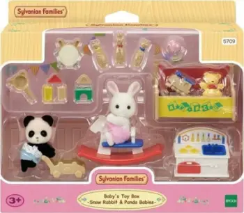 Set lodrash Sylvanian Families 5709 Baby's Toy Box, bebe Snow Rabbit dhe Panda, për shtëpi kukullash, multingjyrësh