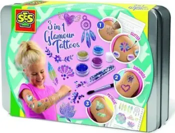 Set tatuazhesh kozmetike SES Creative 3 in 1 Glamour Tattoos, me glitter, për fëmijë, shumëngjyrësh