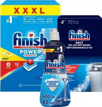 Set pastrimi Finish Power Essential, 112 tableta, shkëlqyes 400 ml dhe kripë 1.5 kg