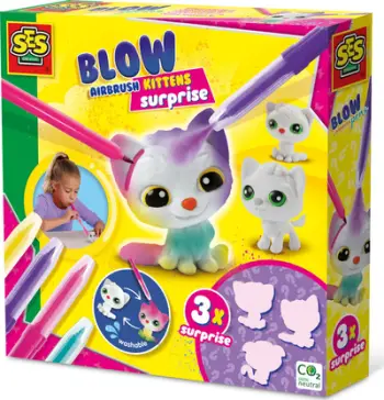 Set kreativ SES Creative Blow Airbrush Pens Kittens Surprise, 3 kotele, për fëmijë