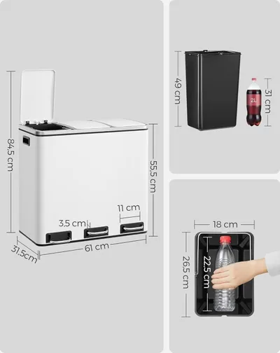 Kosh mbeturinash SONGMICS, 3 ndarje 18L, çelik inox, i bardhë - 3