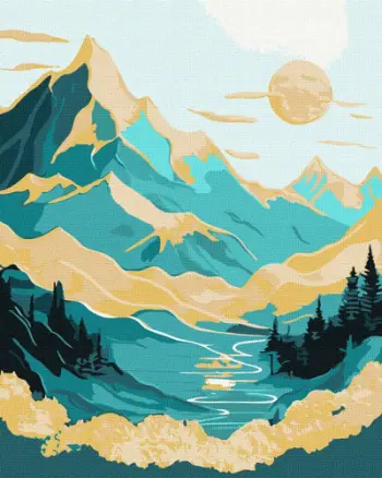 Set pikturimi me numra KHO5105 Sunrise in the Mountains, 40x50cm, ngjyra akrilike me efekt metalik