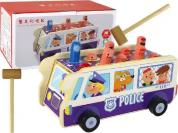 Lodër druri Lean Toys Whac a Mole, lojë shkathtësie, autobus policie