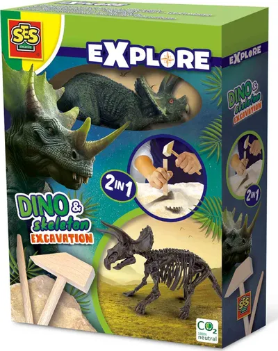 Set gërmimi dinosaurësh SES Creative 2 në 1 Triceratops, skelet dinosaur, për fëmijë - 1