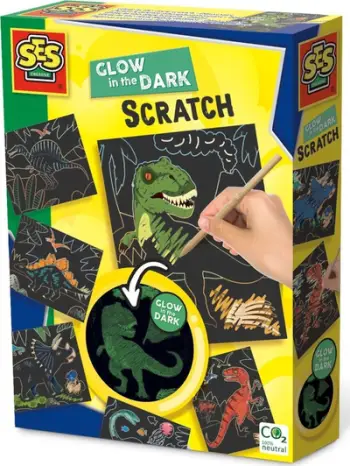 Set kreativ SES Creative Glow in the Dark Scratch Dinosaurs Classic, që shkëlqen në errësirë