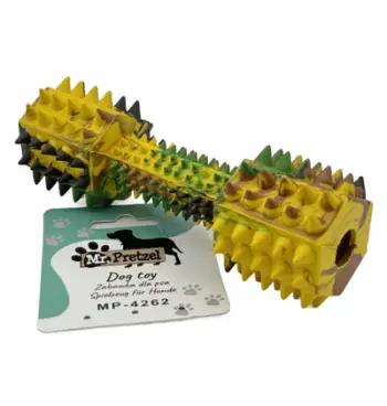 Lodër për qen Mr. Pretzel Rubber Dumbbell, 18cm, gome e fortë, me gjemba, shumëngjyrëshe