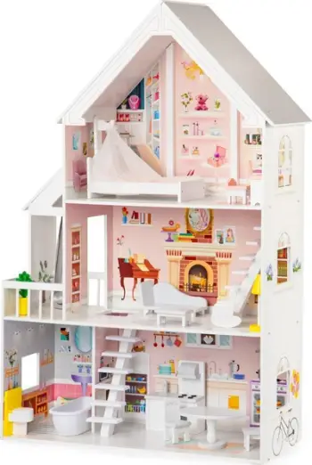 Shtëpi druri për kukulla ECOTOYS Powder Residence XXL, 3 kate, 5 dhoma, rozë