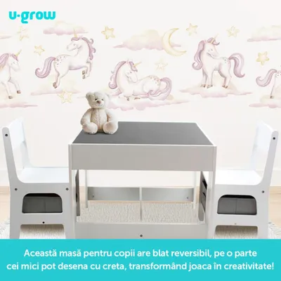 Set tavoline me 2 karrige për fëmijë U Grow, MDF, sipërfaqe me tabelë shkumësi, e bardhë - 7