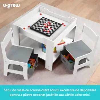 Set tavoline me 2 karrige për fëmijë U Grow, MDF, sipërfaqe me tabelë shkumësi, e bardhë