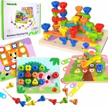 Lodër Montessori Tooky Toy Rainbow Stacking Peg, puzzle druri, forma dhe ngjyra shumëngjyrëshe