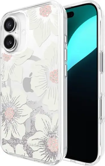 Kapak telefoni Kate Spade York Liquid Glitter Hollyhock MagSafe, për iPhone 16, transparent me shkëlqim