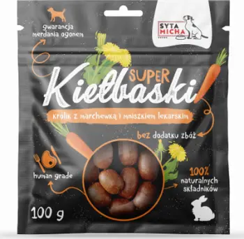 Shpërblim për qen Syta Micha Super Kiełbaski, lepur me karotë, pa drithëra, 100 g