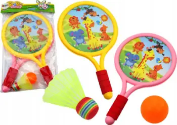 Set raketash badminton për fëmijë Animals, me top dhe flutur, të verdha dhe rozë