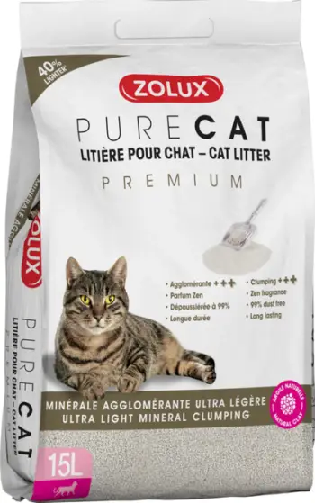 Rërë higjienike për mace Zolux Litter Purecat Agglomerating Mineral Ultra Light Premium, minerale, ultra e lehtë