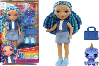 Kukull Rainbow High Littles Sapphire Bradshaw, 14 cm, me çantë dhe kafshë magjike, blu