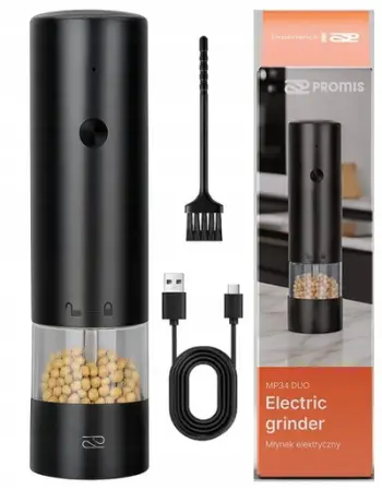 Mulli elektrik për kripë dhe piper PROMIS MP34, rikarikues USB, trup transparent, i zi