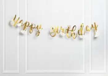 Baner dekorativ Teka Happy Birthday me lule, për ditëlindje, i artë
