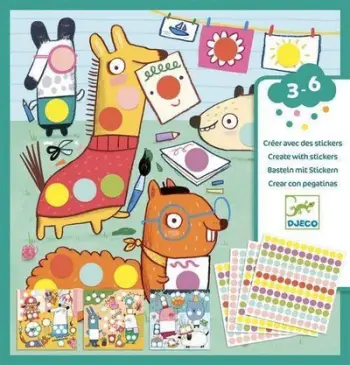 Set kreativ me ngjitëse Djeco With Coloured Dots, 16 ilustrime, 484 ngjitëse, shumëngjyrëshe
