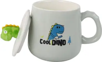 Filxhan qeramik Dinosaur, 350ml, me kapak dhe lugë, blu