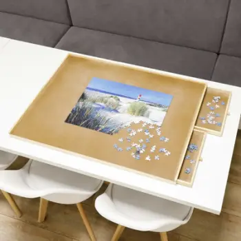 Tavolinë puzzle HI, 76x57 cm, 4 sirtarë, dru natyral