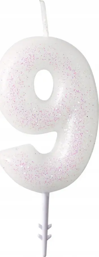 Qiri torte Amscan Glitter, numri 9, 6.5cm, i bardhë