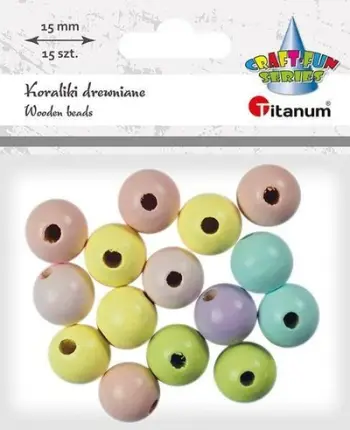 Rruaza druri Titanum Wooden Beads Round Pastel, 15 mm, set 15 copë, shumëngjyrëshe pastel