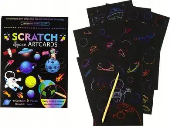 Set vizatimi me gërvishtje Scratch Space Artcards, 9 fletë, me stilolaps, me motive hapësinore