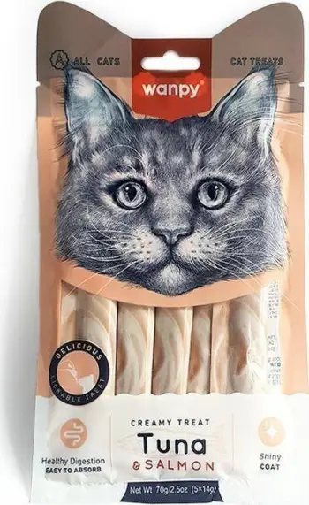 Shujta krem për mace Wanpy Tuna & Salmon, 5x14g, mbi 3 muajsh