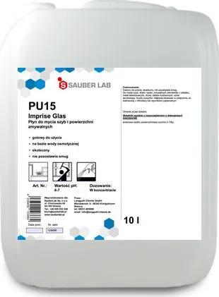 Solucion pastrimi Sauber Lab PU15 Imprise Glas, për xhama dhe sipërfaqe të larshme, 10L, transparent - 1