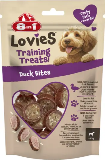 Shpërblime trajnimi për qen 8in1 Lovies Duck Bites, gjoks pate dhe oriz, 90g