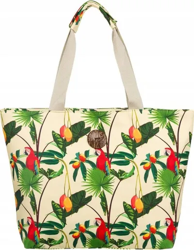 Çantë shopper për femra, e madhe, motiv tropikal, bezhë shumëngjyrëshe - 2