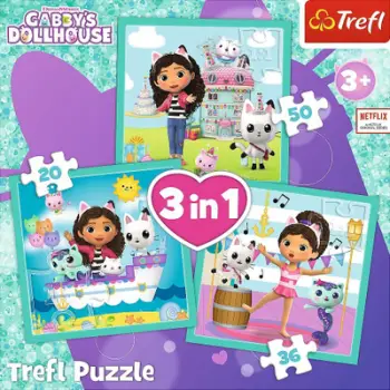 Puzzle 3 në 1 Trefl Gabby's Activities 34871, set për fëmijë, me figura vizatimore, shumëngjyrësh