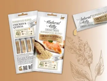 Shpërblim kremoz për mace Natural Kitty Superfood Blend, pule dhe quinoa, 4x12g
