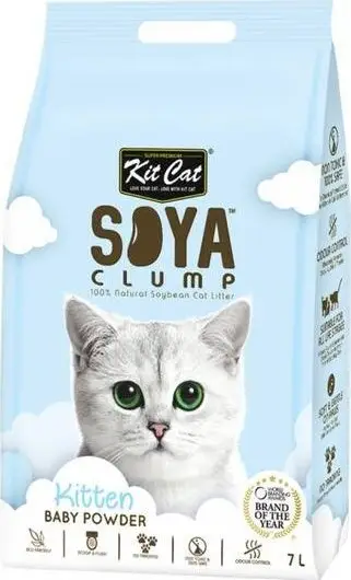 Rërë higjienike për mace Kit Cat Soya Clump Kitten, aromë baby powder, 7L, blu