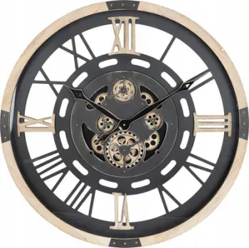 Orë murale Atmosphera Mechanical Wooden, 80cm, dizajn industrial, dru e zezë