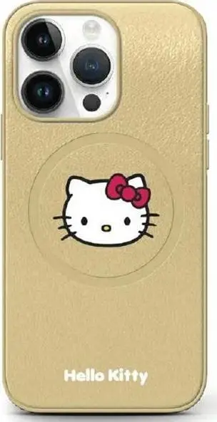 Mbështjellës telefoni Hello Kitty HKHMP15SPGHCKD, për iPhone 15 6.1", hardcase lëkurë, ngjyrë gold