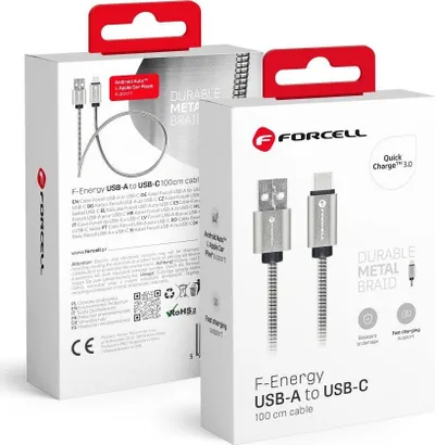 Kabllo Forcell F-energy Metal C234, USB-A në USB-C, 1 m, argjendtë - 1